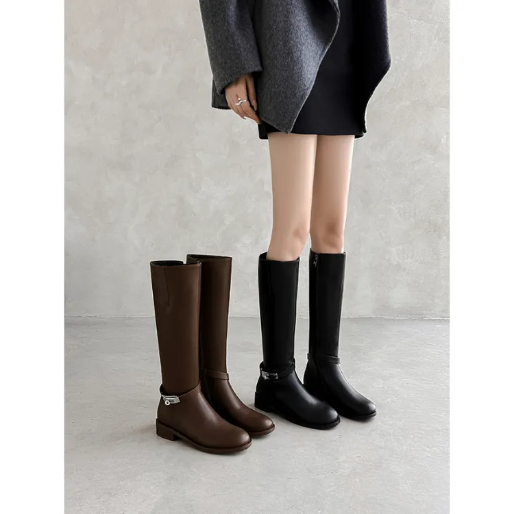 骑士少女～！经典粗跟金属锁扣骑士靴长筒女圆头不过膝长靴