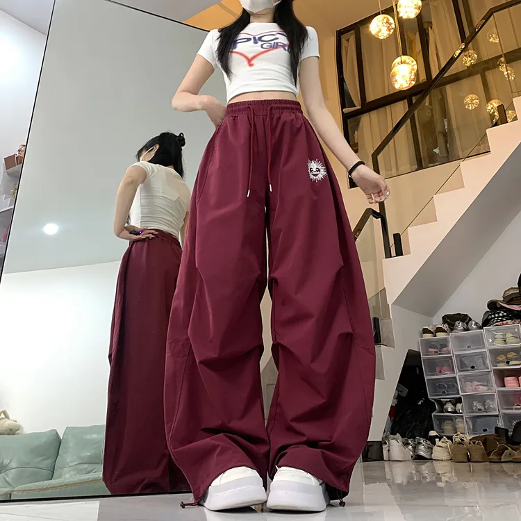 美式褶皱工装运动裤女夏速干宽松爵士舞宽松阔腿裤伞兵弯刀裤跳舞