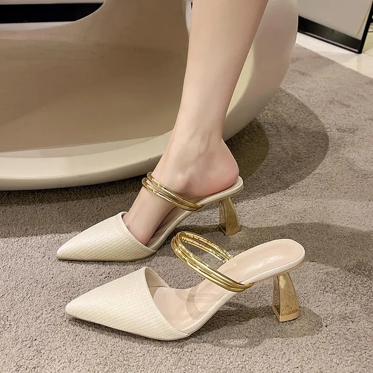 FAVMARTHA包头凉鞋女夏季2025年新款一字带尖头气质高跟鞋女粗跟