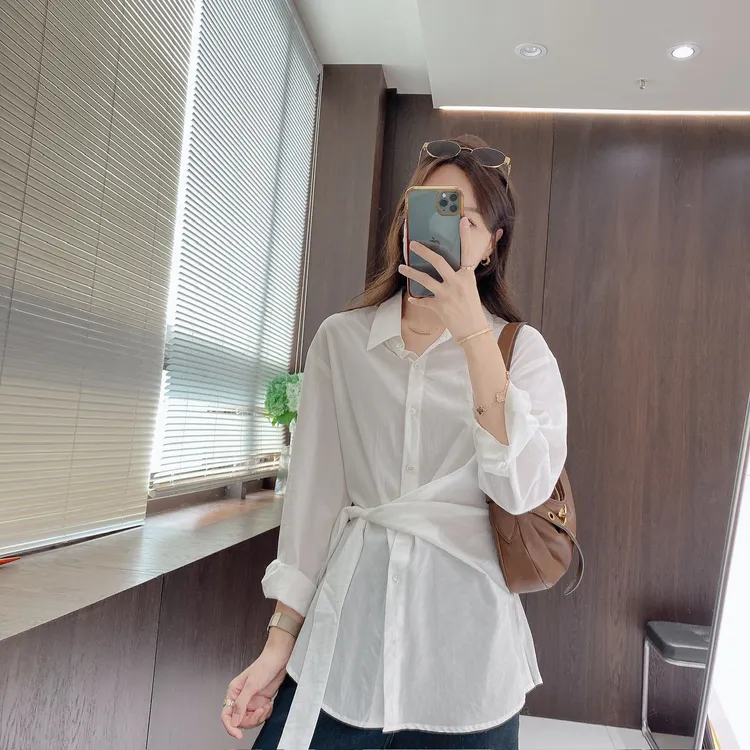 IMFLY金小金自制女装 莱赛尔衬衫DYW9588韩系翻领绑带长袖衬衣