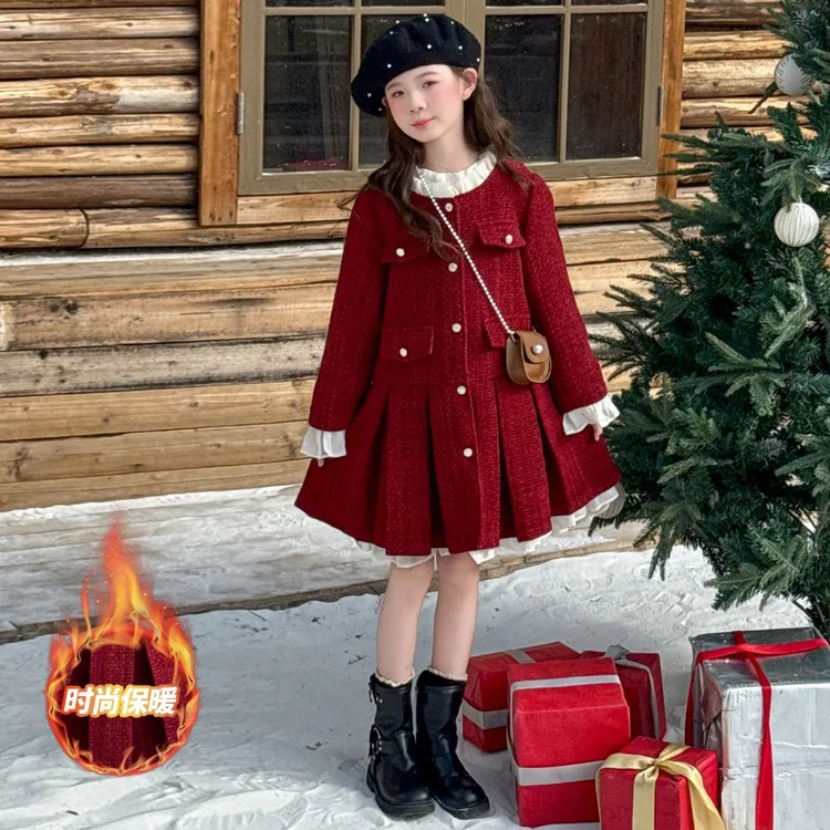 女童冬装新年衣服2025冬季新款红色喜庆小香风连衣裙大童加绒裙子