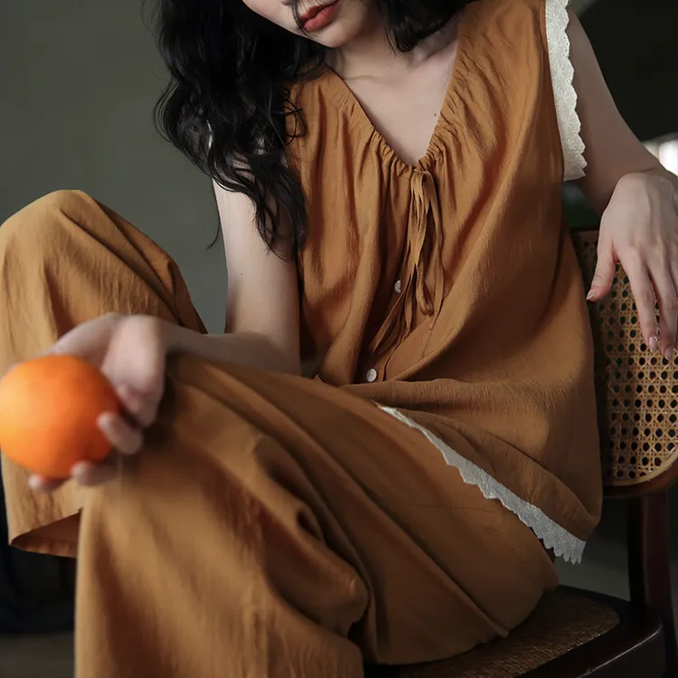 休闲夏季薄款V领纯色睡衣夏天宽松性感长裤春夏家居服套装24320