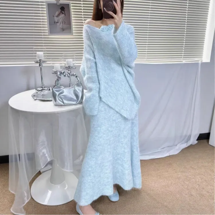 2025秋季新款立体花朵套头针织衫+半身裙女