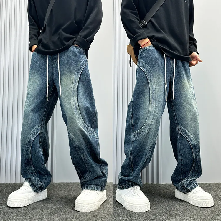 设计感圆月拼接弯刀牛仔裤男秋冬款美式高街宽松阔腿裤潮牌直筒裤