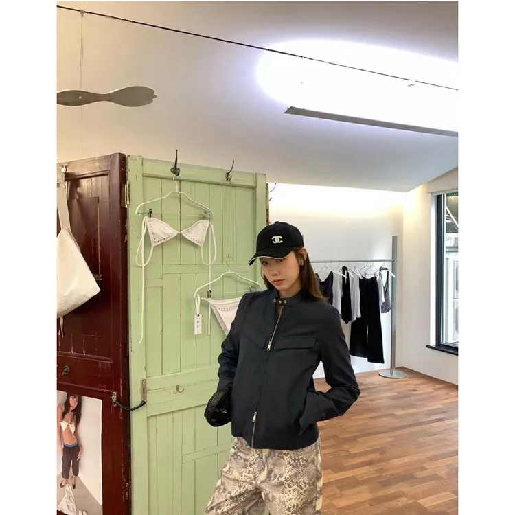 韩系藏青色立领双头拉链百搭工装夹克女秋季2025时尚休闲外套上衣