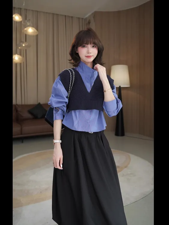 早秋氛围感穿搭一套装女款2025新款蓝色衬衫+高腰半身裙+针织马甲