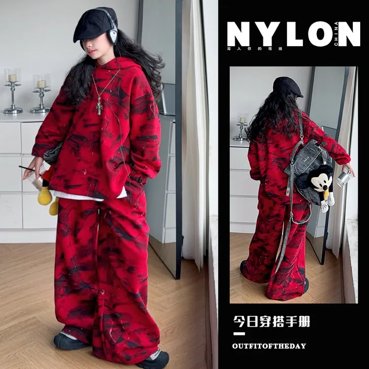 女童套装秋款2025新款连帽卫衣6-12岁中大童红色运动街舞两件套潮