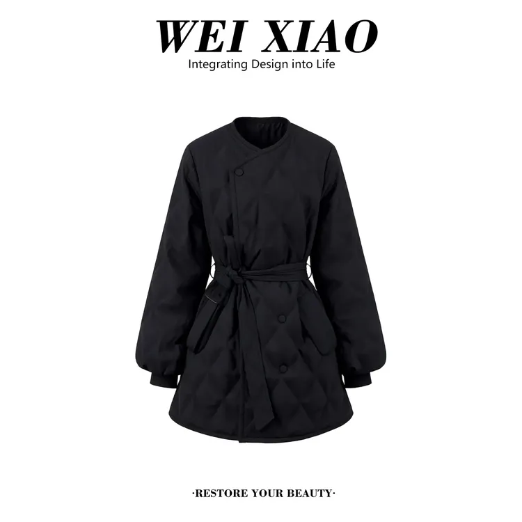 黑色小香风圆领菱格棉服外套女2025秋冬新高级感收腰气质夹棉上衣