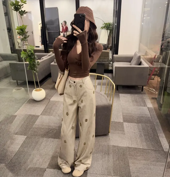 秋季新款辣妹风长袖超短露肚脐T恤修身显瘦上衣+高腰阔腿裤套装女
