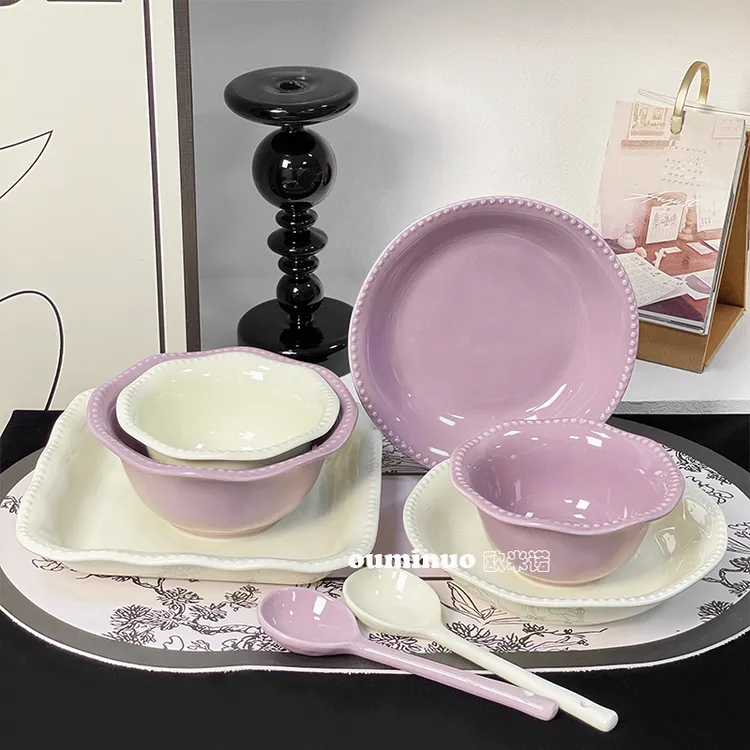 [法式珠点8件套]陶瓷釉下彩轻奢家用餐具套装盘碗组合装