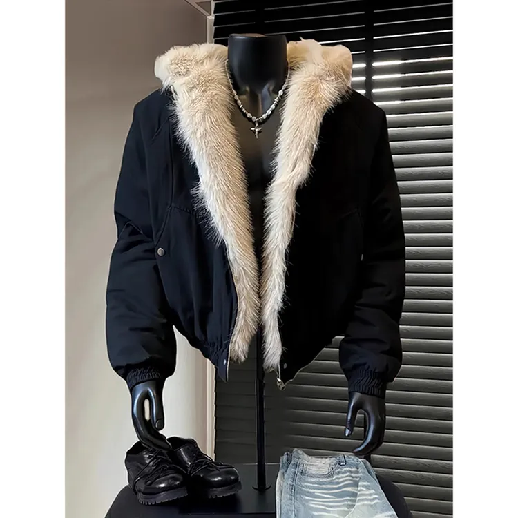 黑色座山雕毛领连帽棉服男款秋冬季保暖棉衣cleanfit加绒加厚外套