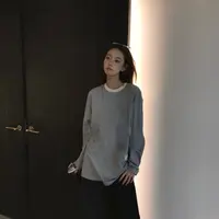2509214意系M系撞色字母刺绣圆领长袖T恤男女同款宽松25早秋新款