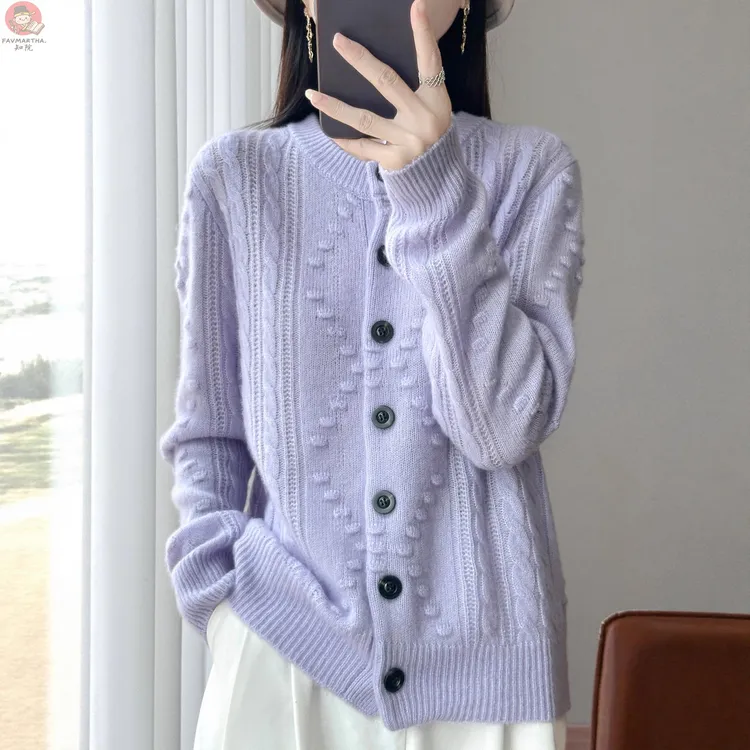 羊毛7针双股加厚麻花凸点黑扣开衫 秋冬新款宽松慵懒上衣