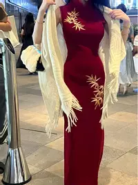 【东方美人】新中式国风刺绣旗袍连衣裙港工贵为红竹