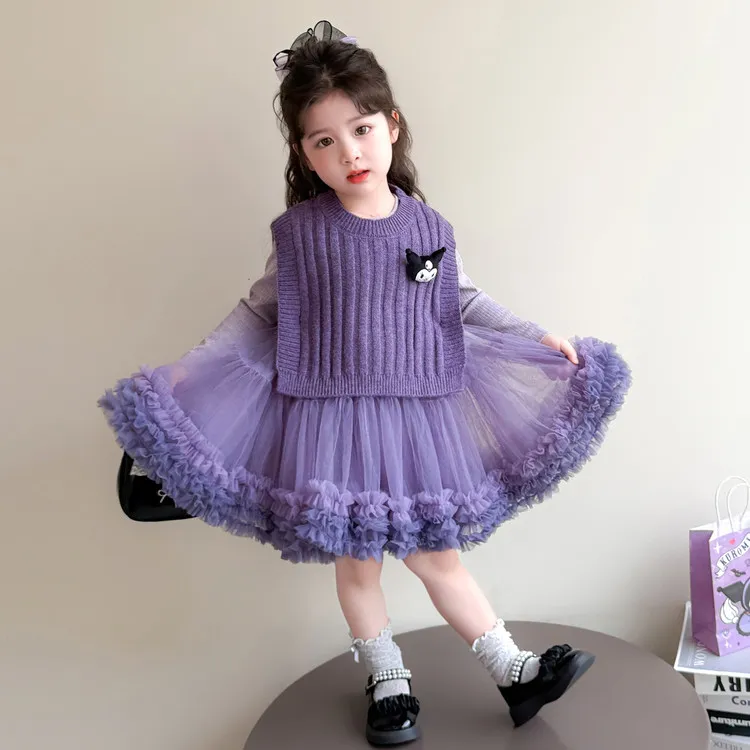 女童连衣裙春秋2025新款儿童毛衣马甲纱裙套装女孩秋装蓬蓬公主裙