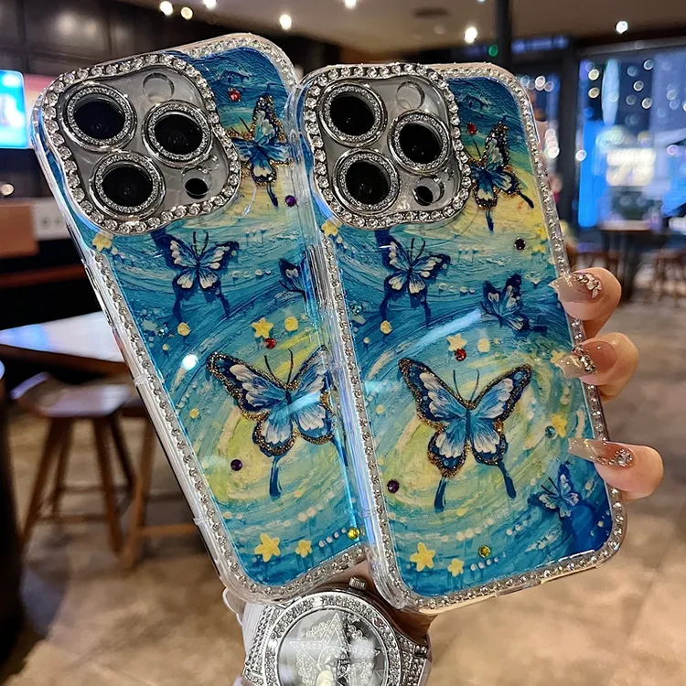 适用苹果系列iPhone16新款手机壳小众繁星蝴蝶扭边钻框闪钻镜头膜