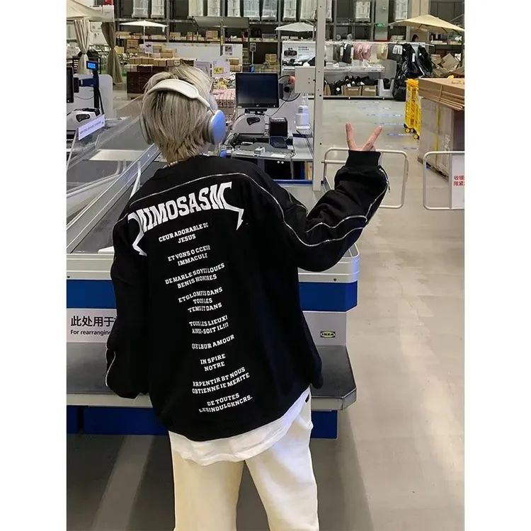 流行设计感美式外套跨境ins卫衣宽松套头拉链印花男女潮牌高街潮