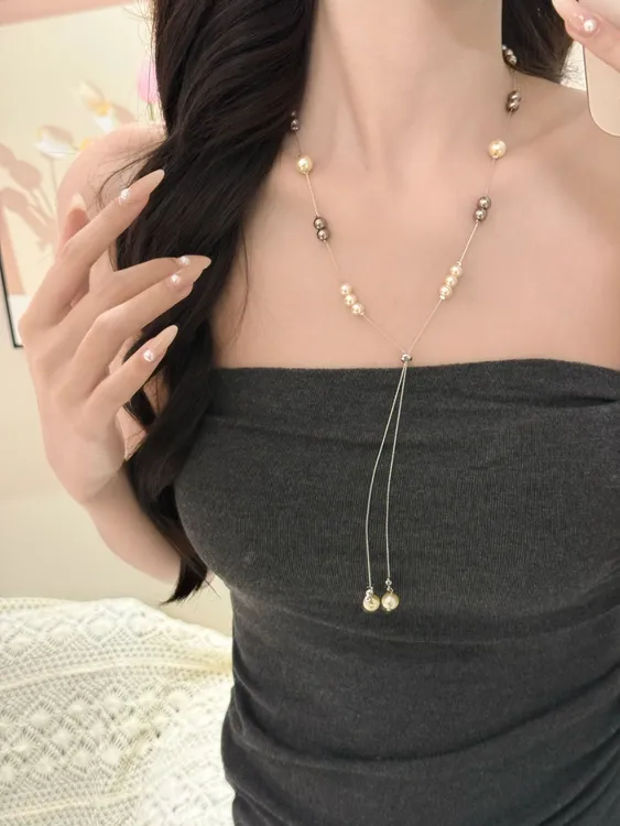 钛钢仿珍珠项链 甜酷辣妹串珠抽拉式项链女轻奢小众设计锁骨链