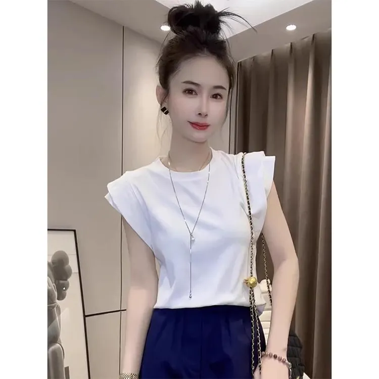 2025夏季新款时尚设计感打底衫韩版纯色小飞袖圆领t恤女装上衣潮