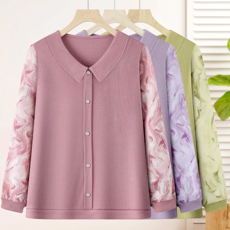 2025新款妈妈装娃娃领拼接套头长袖T恤中老年女装秋季上衣打底衫