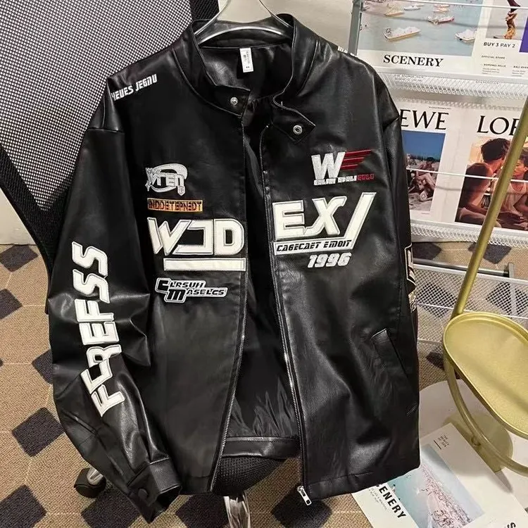 新款国潮复古机车pu皮衣外套男装春秋款痞帅赛车服飞行员皮夹克潮