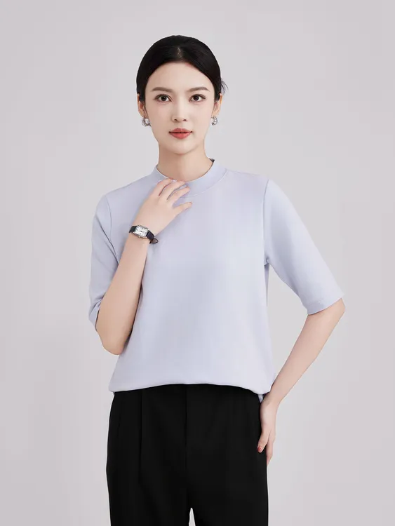 新款女士小半高领液氮丝光棉柔亲肤五分袖短袖T恤半袖中袖夏季