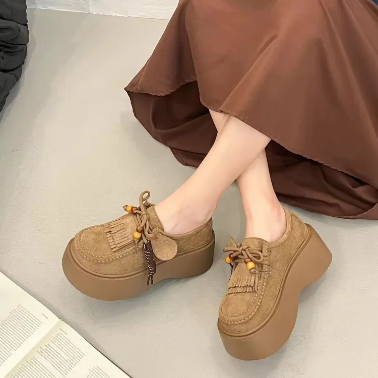 2025年流苏圆头常规英伦风休闲鞋秋季乐福鞋女松糕鞋