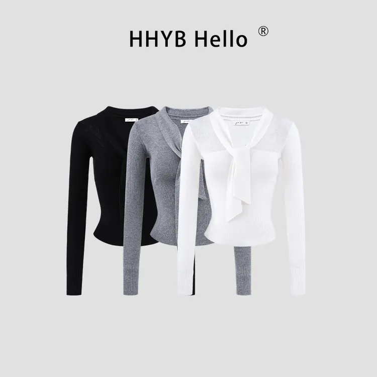 HHYB Hello设计感飘带领修身半透外穿针织衫女内搭打底上衣M1479