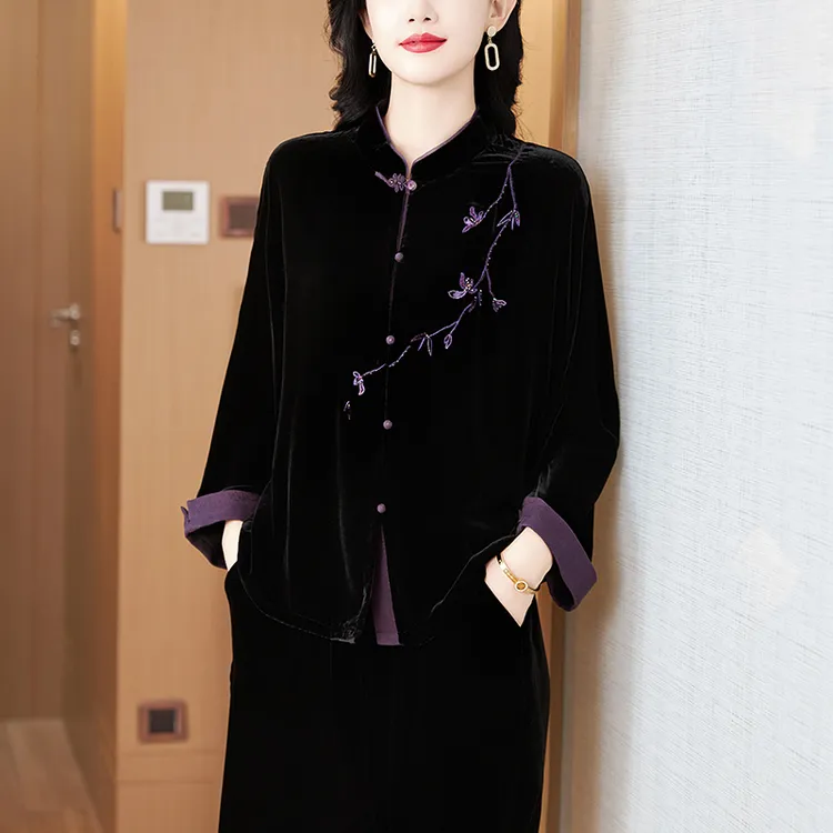 高端丝绒刺绣套装女2025秋冬款金丝绒中式上衣长裤高贵洋气两件套