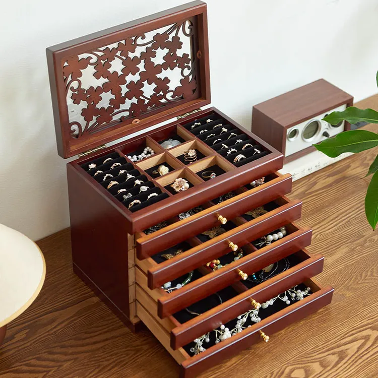 铭橦首饰盒抽屉款雕花带抽屉复古桌面收纳盒盒子饰品盒抽屉式精致