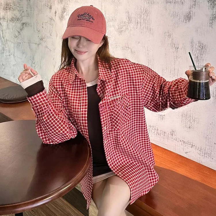 韩系小香风百搭小众慵懒风红格纹衬衫宽松时尚显瘦减龄上衣女