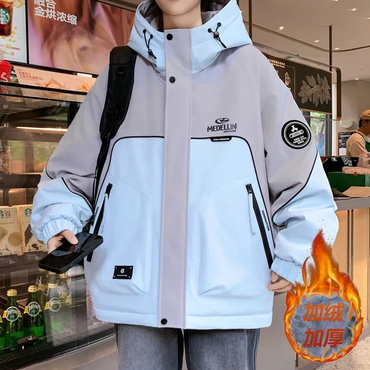 加绒加厚工装外套男秋冬季青少年潮流韩版夹克初中高中学生冲锋衣