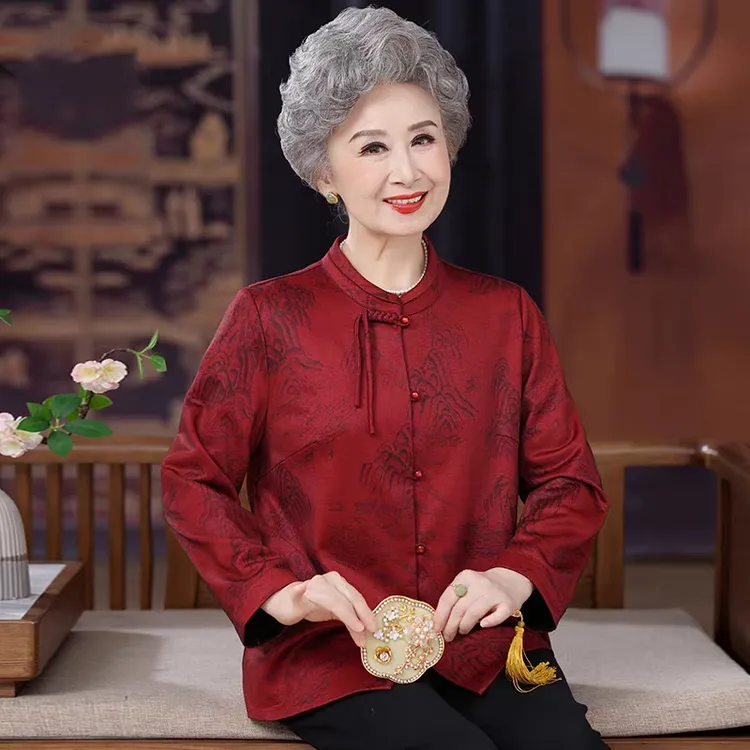 老年人秋装女新中式衬衫奶奶装衬衣老太太喜婆婆老人妈妈国风上衣