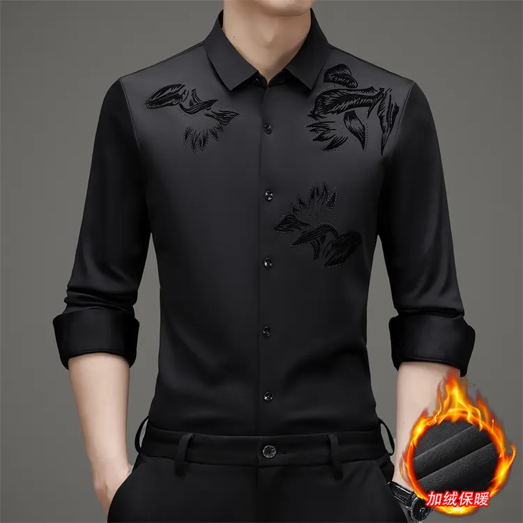 冬季新款男士加绒加厚高端抗皱保暖衬衫一体植绒工艺商务休闲衬衣