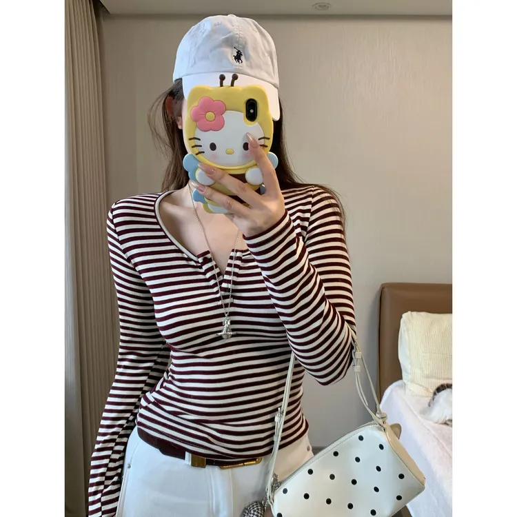 小沈美眉 懒人百搭 显瘦弹力内搭条纹打底衫秋冬U领长袖T恤上衣女