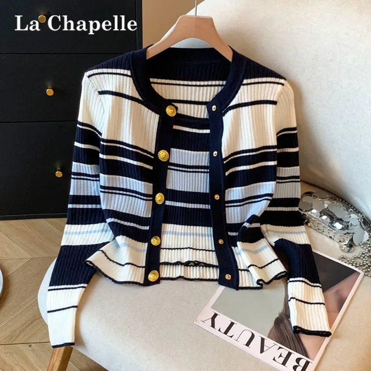 拉夏贝尔老钱风松弛感女装贵气针织开衫小众通勤条纹修身毛衣外套