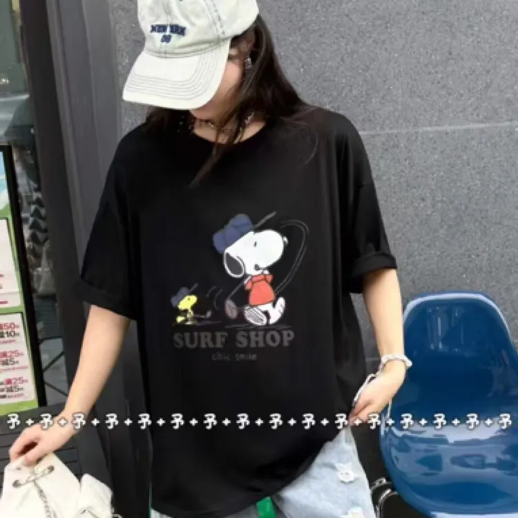 宽松白色长款圆领短袖韩版透气时尚套装卡通印花夏季黑色T恤