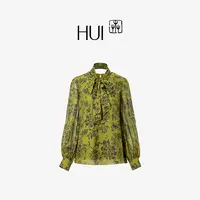 【可可专属】HUI卉100%桑蚕丝高精密印染莲瓣联蝶团花设计飘带衬衫
