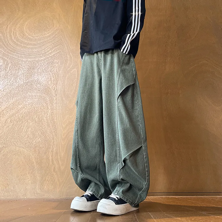 秋冬大码宽松阔腿裤加绒牛仔裤男女同款美式复古休闲直筒裤男裤子