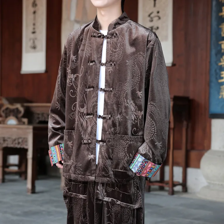 新中式金丝绒高级感立领中山装男中国风龙袍唐装宽松复古休闲汉服