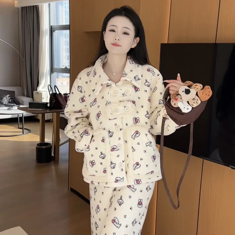 冬季保暖双层毛绒绒娃娃领家居服套装睡衣女长袖可外穿北极绒面料