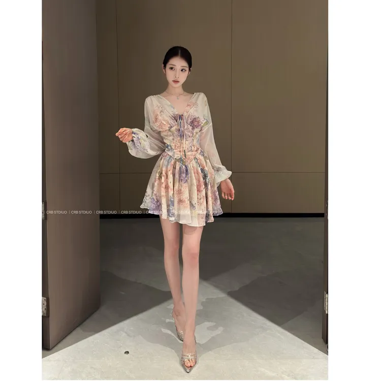 现货【春日部】紫藤花收腰显瘦连衣裙0843