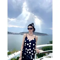 -DOUWU【波塞冬少女】黑色波点白点细带上衣长裤套装