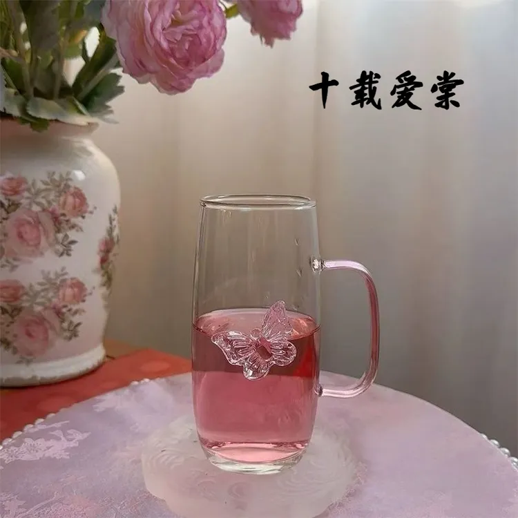 十载爱棠 耐高温蝴蝶绿茶杯办公居家专用泡茶杯花茶杯果汁牛奶杯