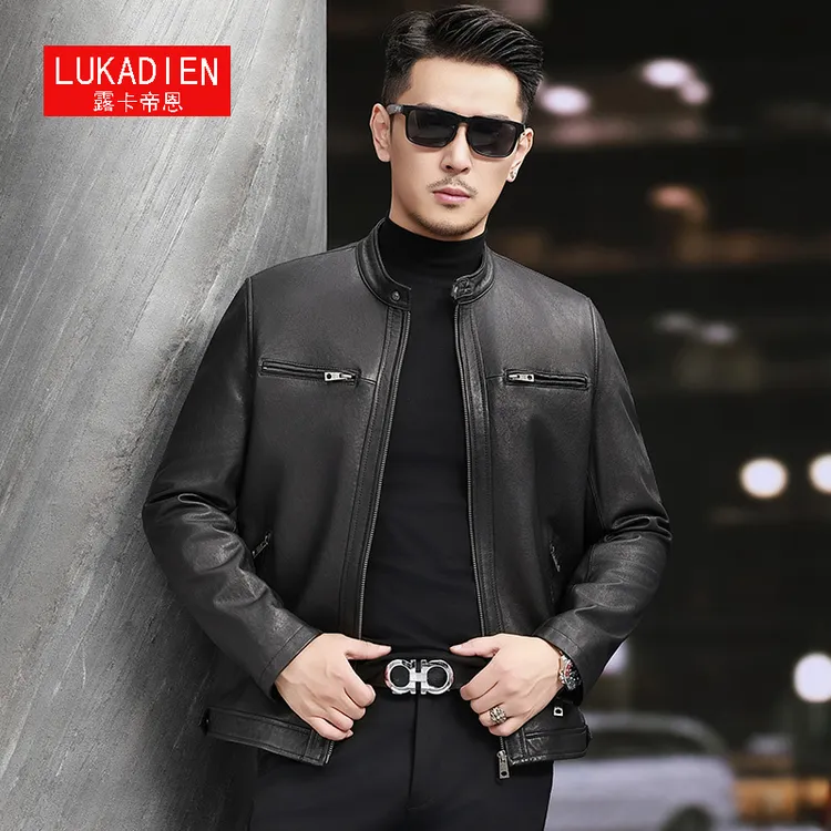  秋季海宁新款真皮皮衣男植鞣绵羊皮短款立领机车皮夹克外套帅气