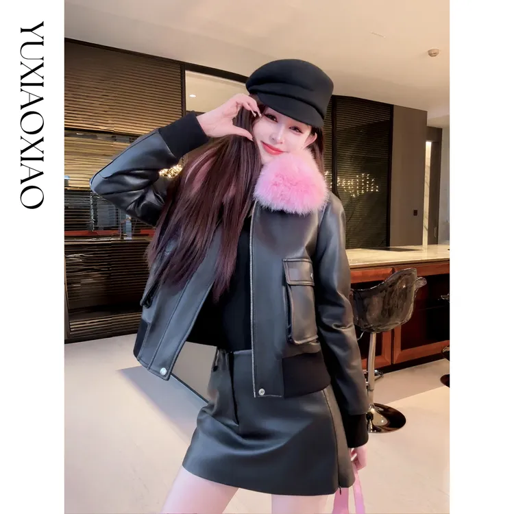 余潇潇【瑰丽主宰】90白鹅绒可拆撞色狐狸毛领绵羊皮皮衣羽绒服保暖