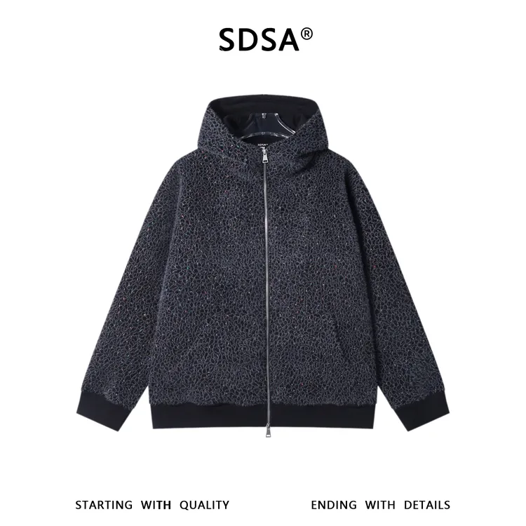 SDSA秋冬新款痞帅男装潮牌绒毛小格子刺绣拉链立领连帽卫衣外套