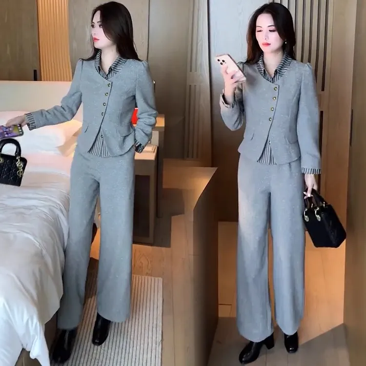 时尚套装女秋季新款洋气显瘦假两件拼接条纹上衣高腰阔腿裤两件套