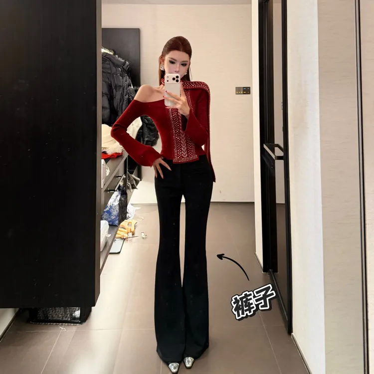 婉君【超模骨感裤】秋冬加绒显瘦带弹力直筒休闲微喇裤LWJ25D4K4416