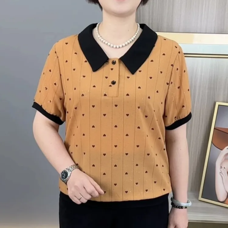 夏季新款时尚娃娃领薄款气质妈妈装宽松显瘦休闲百搭短袖上衣H267